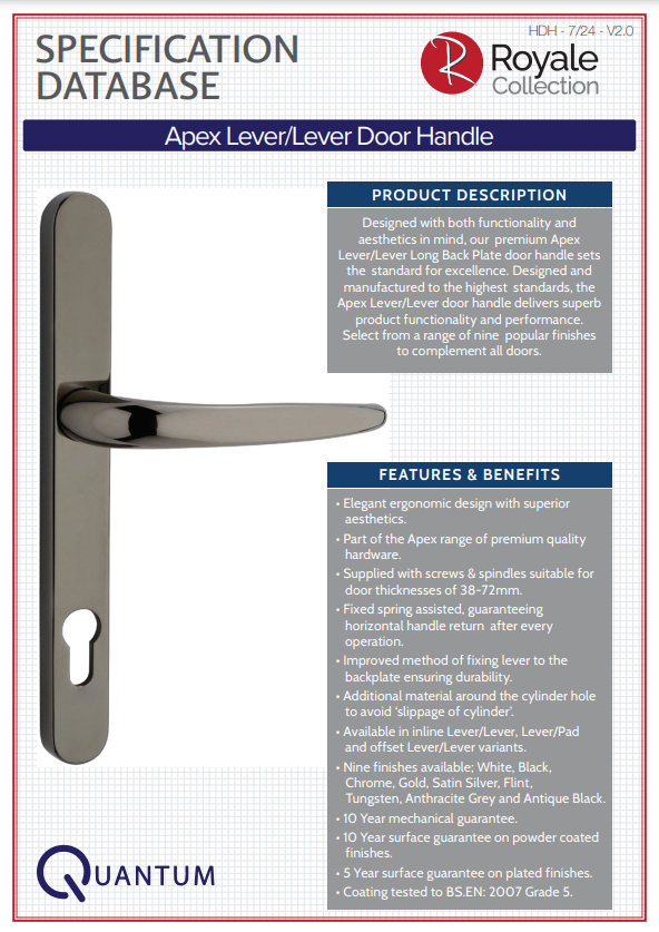 specification database apex lever/lever door handle