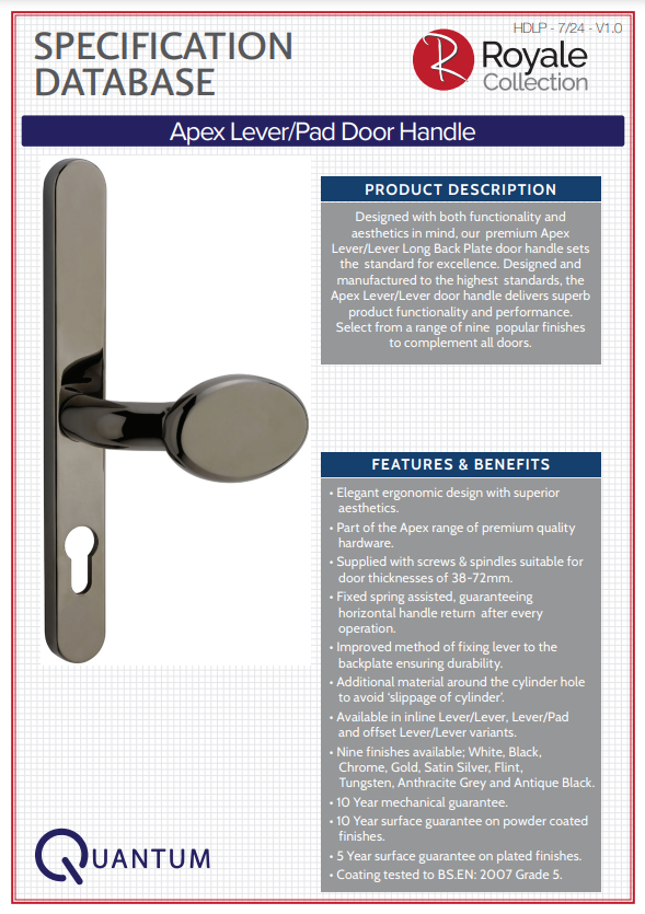 specification database apex level/pad door handle