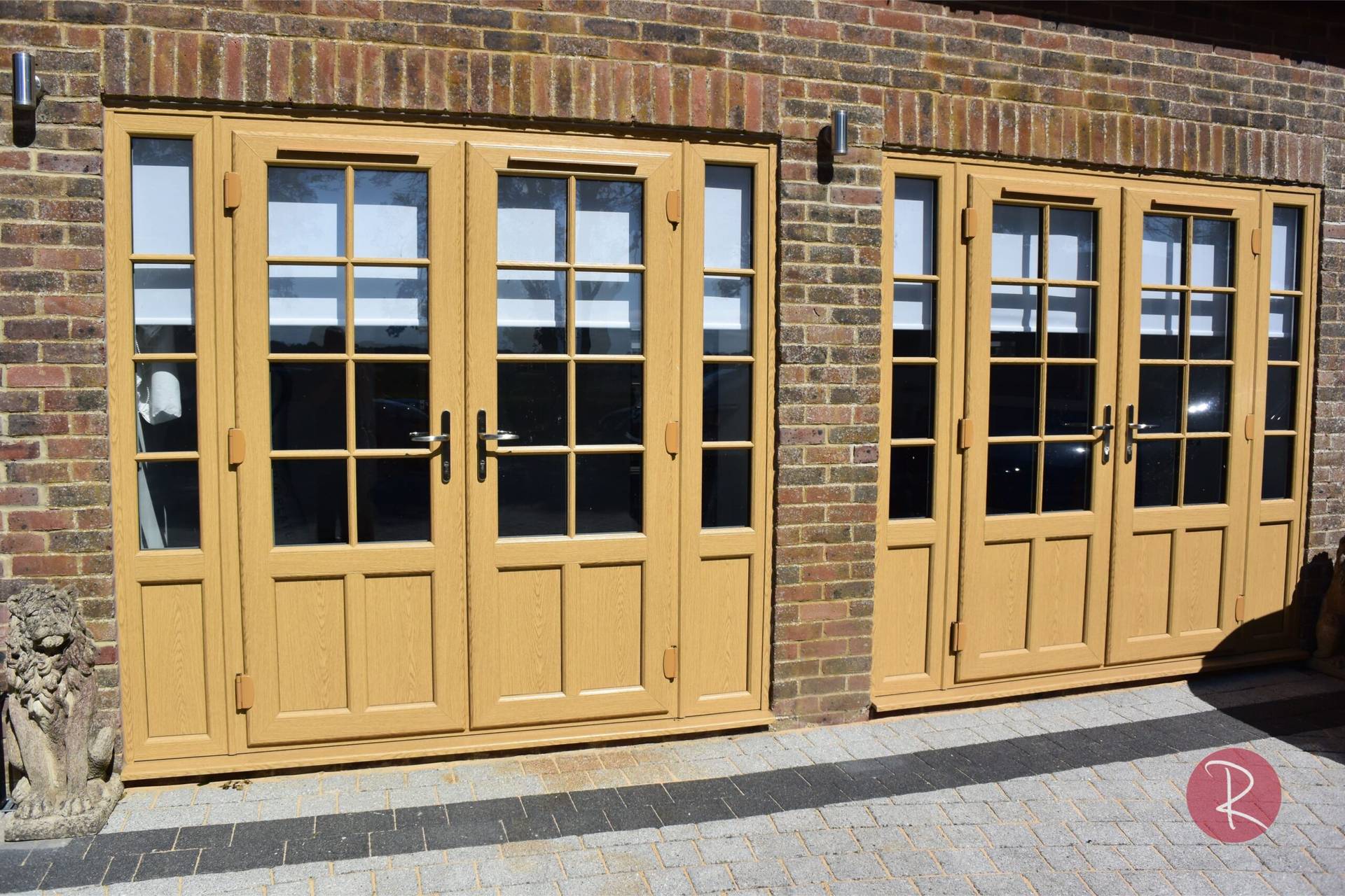 two brown woodgrain foil french doors