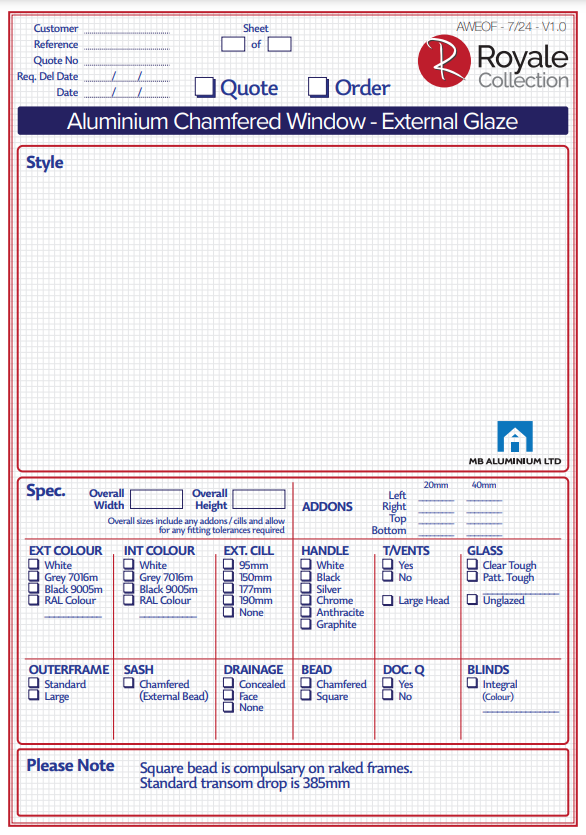 aluminium chamfered window order form